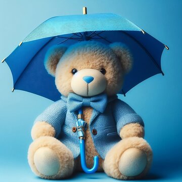 Blue teddy bear with umbrella on blue background. Blue monday concept created with generative ai