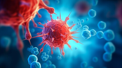 Banner Medical illustration, red cancer cell on blue background - obrazy, fototapety, plakaty