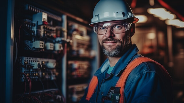 Portrait electrical engineer man on background control panel for high current and voltage, industrial factory