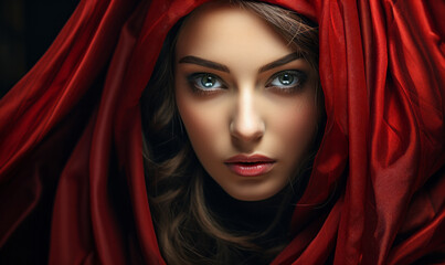 Naklejka premium Vivid Vision of Elegance: Enigmatic Woman with Piercing Gaze Veiled in Luxurious Crimson Satin