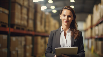 Portrait of woman factory owner or manager in business suit use tablet computer for control results of his company on background warehouse. Banner industrial plant process, sunlight