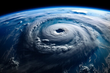 Atmospheric cyclone spiral, weather meteorology. Hurricane from space, super typhoon. Concept catastrophe, view from satellite.