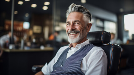 Portrait of happy hipster elder man with haircut in retro barbershop background, barber shop for pensioner concept. - obrazy, fototapety, plakaty