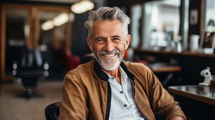 Portrait of happy hipster elder man with haircut in retro barbershop background, barber shop for pensioner concept. - obrazy, fototapety, plakaty