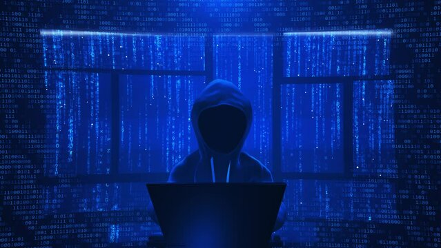 3D Anonymous Computer Hacker attacking internet Hacking malware concept. Hacker abstract laptop binary code digital interface. Virus, Spyware, Malware Malicious software. Cyber security cybercrime 4K
