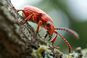Macro of a Red beetle on branch