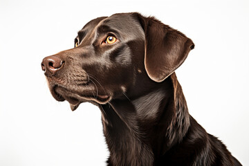 Labrador Retriever dog close-up portrait on a white background.	
