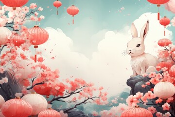 Happy Chinese new year of the rabbit zodiac sign with flower, lantern elements banner abstract background