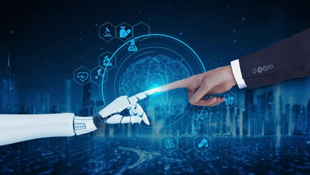 AI artificial intelligence Hands of robot and human touching process automation. RPA digital transformation, cyber security cloud technology. futuristic computer innovation automation background