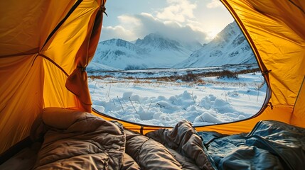 Scenic view from inside of a camping tent in the winter, mountains