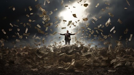 rich businessman stands on top of a mountain of money, rejoices at his success, and there are a lot of falling banknotes made of money around him. The pinnacle of business success. - obrazy, fototapety, plakaty