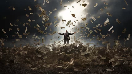 Fotobehang rich businessman stands on top of a mountain of money, rejoices at his success, and there are a lot of falling banknotes made of money around him. The pinnacle of business success. © Vitalii