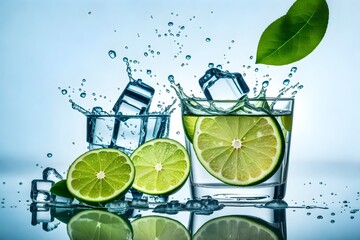 half lime, leaves, ice cubes and water splash on isolated white background
