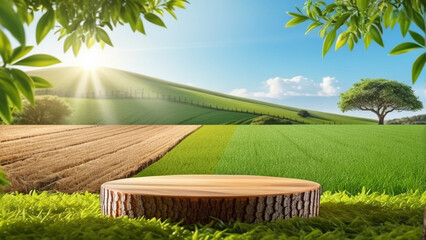 Tree trunk wood podium display for food, perfume, and other products on nature background, farm with grass and orange tree, sunlight at morning.