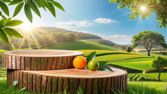 Tree trunk wood podium display for food, perfume, and other products on nature background, farm with grass and orange tree, sunlight at morning.
