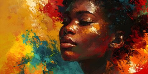 illustration for black history month featuring a black woman painted in the colors of the Pan-African flag