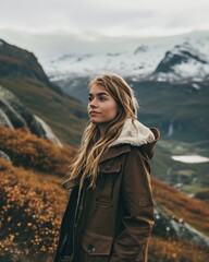 Contemplative Young Woman Against Majestic Mountain Backdrop. Generative AI.