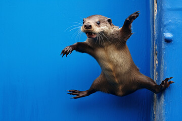 A playful otter somersaulting joyfully against a bold cobalt blue wall.