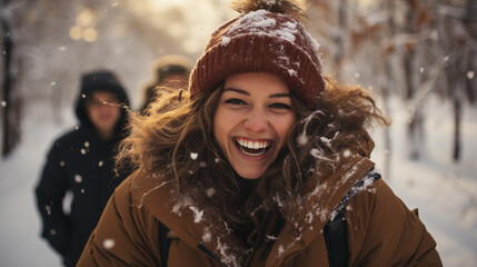Fototapeta na wymiar Portrait of smiling diverse friends in outerwear enjoy snowy winter on holidays or vacation