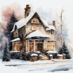 Christmas house watercolor illustration, greeting card. Winter, New Year, Christmas. Winter landscape. House, Christmas trees, street. Cozy Christmas. For printing on postcards, posters, stickers.