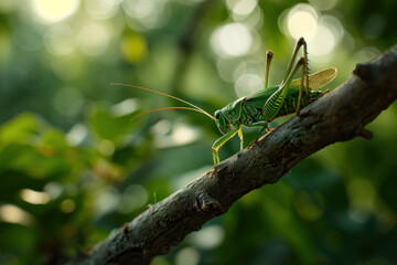 green grasshopper on a branch
