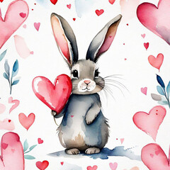 Bunny with hearts. Valentine's card. Watercolor illustration, greeting card. Bunny, balloon, hearts. St. Valentine's Day. Love, Romance, Wedding. For printing on cards, stickers.