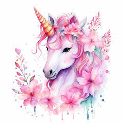 Unicorn watercolor illustration, greeting card. Cute pink unicorn, flowers. Children's illustration. Birthday. For printing on cards, stickers, invitations.