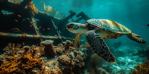 Fototapeta premium Majestic Sea Turtle Swimming Past a Sunken Shipwreck Surrounded by Coral Reefs in an Underwater Seascape