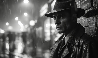 Mysterious man in trench coat and fedora standing under the rain at night, evoking noir film aesthetics - obrazy, fototapety, plakaty