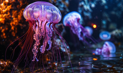 Ethereal Purple Jellyfish Floating Gracefully in the Depths of a Dark Ocean, Illuminated with a Bioluminescent Glow