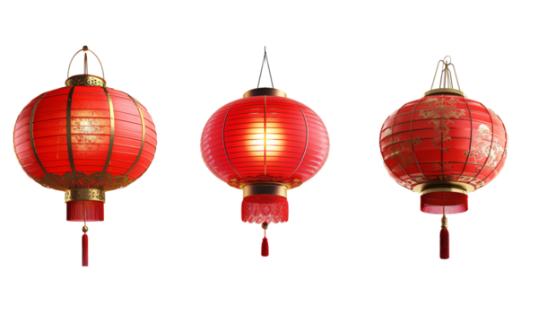 Set of 3 Red Lanterns For Chinese New Year isolated on transparent background