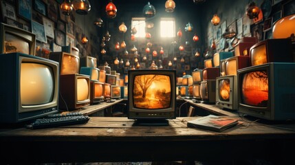 Vintage TV in the old room. Retro and vintage concept