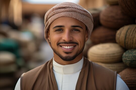 Arab Vendor with Cheery Expression at Market. Emotional Concept Smiling Young Man Selling