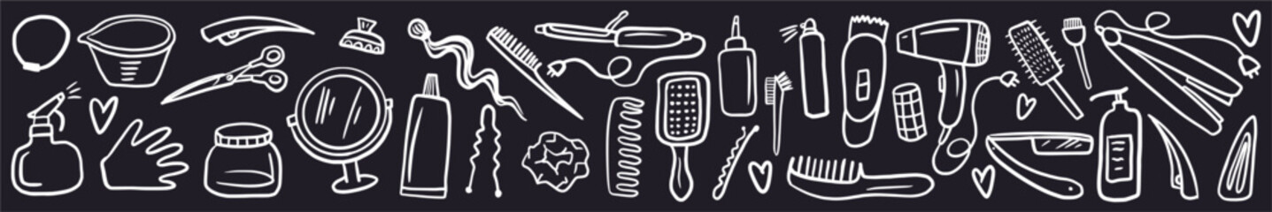 A vector collection of barber's working tools hand-drawn in a doodle style.