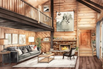 A watercolor illustration of a cozy chalet interior with a fireplace, modern cottage living room decor, wood wall and furniture, and rustic home design. Generative AI