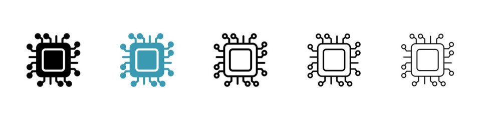 Processor vector illustration set. Motherboard microchip circuit icon. Computer semiconductor chip symbol. CPU PCB digit chip for UI designs. - obrazy, fototapety, plakaty