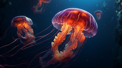 fluorescent medusa in its natural habitat. sea or ocean, underwater life. marine background. a glowing jellyfish.