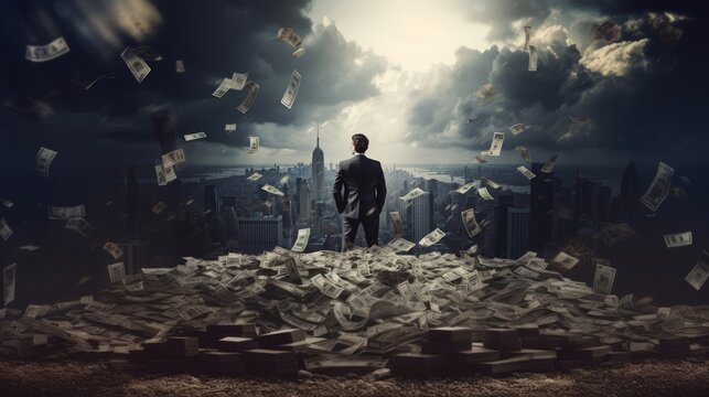 Rich businessman standing with his back against backdrop of modern city, surrounded by big money falling from sky. Money falls from the sky, big business, traders make money by trading securities. © Vitalii