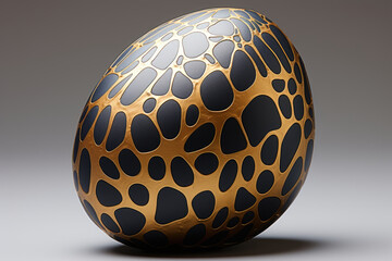 A gold and black egg with black spots on it