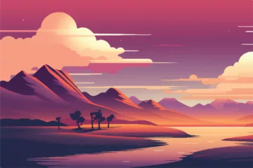 Schilderijen op glas Beautiful Sunset Landscape in mountains and desert. Landscape showing view of nature and sunset. Vector illustration. © Usama