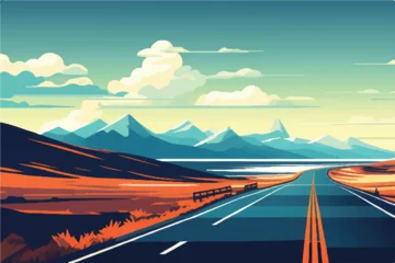 Foto op Plexiglas Road landscape. Beautiful Landscape showing view of a road leading to city and hills. Landscape of a highway with mountains in the background. vacation trip. Vector Illustration. © Usama