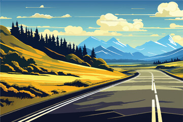 Road landscape. Beautiful Landscape showing view of a road leading to city and hills. Landscape of a highway with mountains in the background. vacation trip. Vector Illustration. - obrazy, fototapety, plakaty