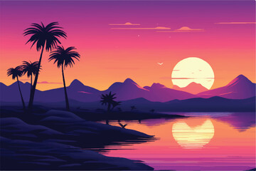 Fototapeta na wymiar Beautiful Sunset Landscape in mountains and desert. Landscape showing view of nature and sunset. Vector illustration. Sunset in desert.