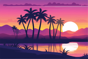 Beautiful Sunset Landscape in mountains and desert. Landscape showing view of nature and sunset. Vector illustration. Sunset in desert.