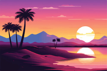 Fototapeta na wymiar Beautiful Sunset Landscape in mountains and desert. Landscape showing view of nature and sunset. Vector illustration. Sunset in desert.