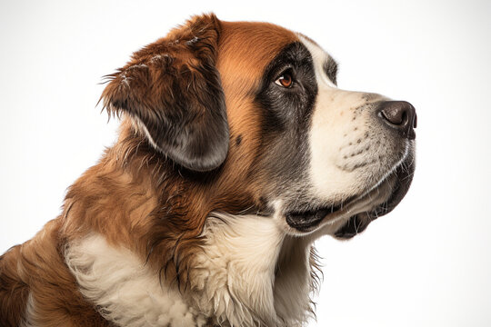 Saint Bernard Dog close-up portrait on a white background.	
