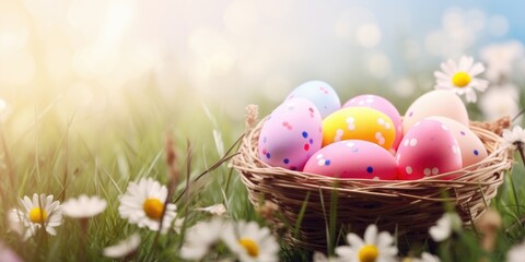 A basket filled with easter eggs sitting on top of a grass covered field, festive Easter background.