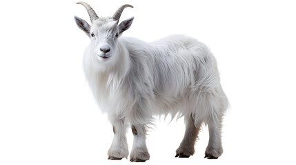 A majestic feral goatantelope with snowy white fur and impressive horns stands proudly in its natural mountain habitat, showcasing the beauty and resilience of this iconic terrestrial mammal