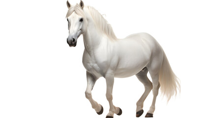 Obraz na płótnie Canvas A majestic white stallion with a flowing mane gallops freely across the open fields, embodying grace, strength, and untamed beauty
