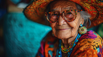 Cool and stylish senior old woman with fashionable clothes in summer street - obrazy, fototapety, plakaty